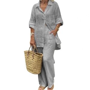 NWT matching linen-look button down top and pant set